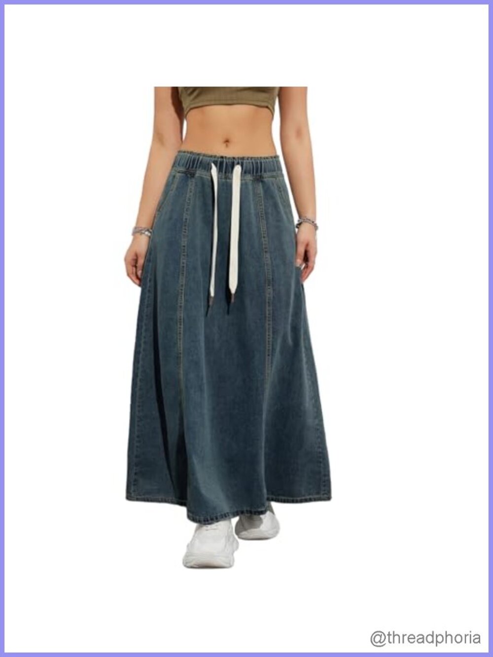 Womens Denim Maxi Skirt High Waist Paperbag Elastic A Line Flare Jean Skirt